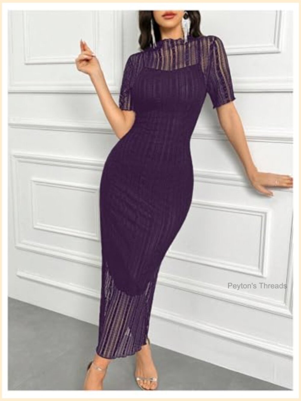 Contrast Lace Mock Neck Mesh Short Sleeve Pencil Midi Dress with Slit - Picture 2 of 5